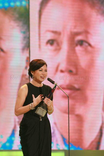 MediaCorp artiste Xiang Yun delivering speech after receiving Best Supporting Actress award during Star Awards at MediaCorp TV Theatre, Caldecott Hill