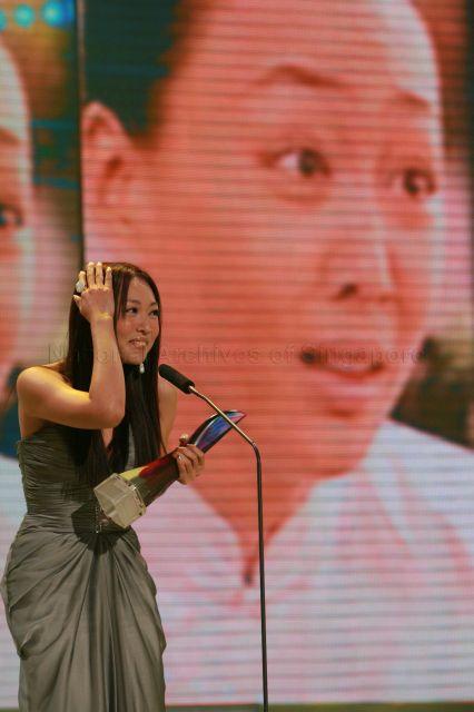 MediaCorp artiste Ng Hui delivering speech after receiving Best Supporting Actress award during Star Awards at MediaCorp TV Theatre, Caldecott Hill