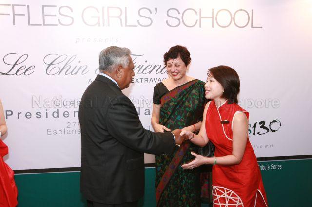 Principal of Raffles Girls' School (RGS) Mrs Julie Hoo thanking President S R Nathan during RGS 130th Anniversary celebrations "Lee Chin and Friends : A Strings Extravaganza" at Esplanade Concert Hall. Looking on is Chairman of the Board of Governors of RGS Justice Judith Prakash.