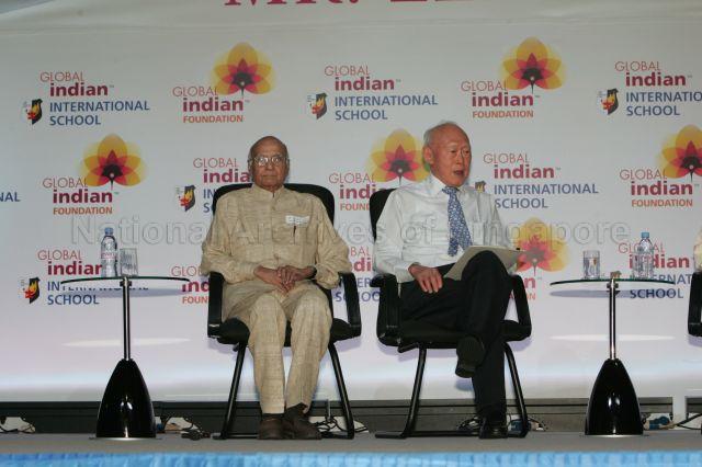 Taken at: Official launch of N. R. Narayana Murthy's book "A Better India; A Better World" at Global Indian International School at 1 Mei Chin Road Pictured: Guest-of-Honour Minister Mentor Lee Kuan Yew and Co-founder and Patron of Global Schools Foundation Dr C S Dharmadhikari
