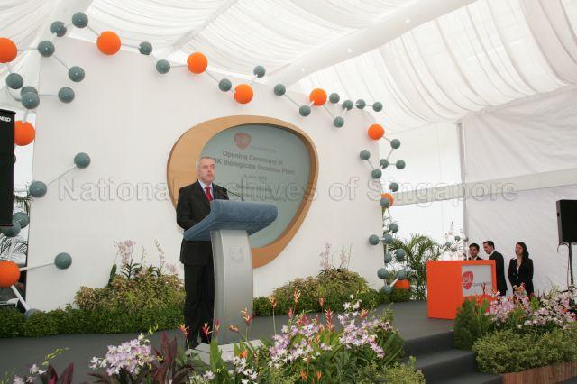 Official from GlaxoSmithKline speaking during opening of GlaxoSmithKline (GSK) biologicals vaccines plant facility at Tuas Biomedical Park