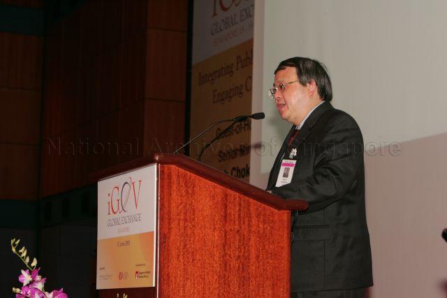 Head of Civil Service Peter Ho Hak Ean delivering speech during  iGov Forum, part of the week-long Global Exchange event organised jointly by Ministry of Finance and Infocomm Development Authority of Singapore at Suntec Ballroom 2.