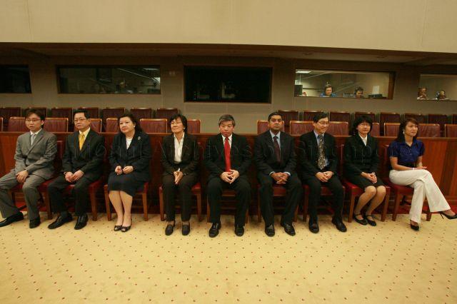 Nominated Members of Parliament (NMPs), from right, Ms Joscelin Yeo Wei Ling, Ms Audrey Wong Wai Yen, Mr Laurence Wee, Mr Viswa Sadasivan, Mr Teo Siong Seng, Associate Professor Paulin Straughan, Mrs Mildred Tan, Mr Terry Lee Kok Hua and Mr Calvin Cheng at Parliament House during swearing-in ceremony