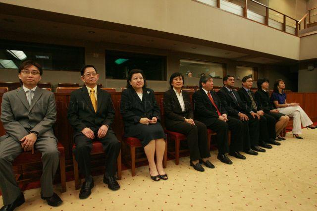 Nominated Members of Parliament (NMPs), from left, Mr Calvin Cheng, Mr Terry Lee Kok Hua, Mrs Mildred Tan, Associate Professor Paulin Straughan, Mr Teo Siong Seng, Mr Viswa Sadasivan, Mr Laurence Wee, Ms Audrey Wong Wai Yen and Ms Joscelin Yeo Wei Ling at Parliament House during swearing-in ceremony