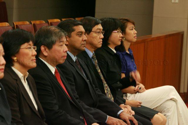 Nominated Members of Parliament (NMPs), from left, Associate Professor Paulin Straughan, Mr Teo Siong Seng, Mr Viswa Sadasivan, Mr Laurence Wee, Ms Audrey Wong Wai Yen and Ms Joscelin Yeo Wei Ling at Parliament House during swearing-in ceremony