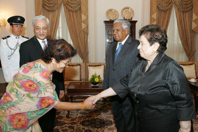 Ambassador-designate of Nepal to Singapore Naveen Prakash Jung Shah and his wife greeting President and Mrs S R Nathan during presentation of credentials ceremony at Istana