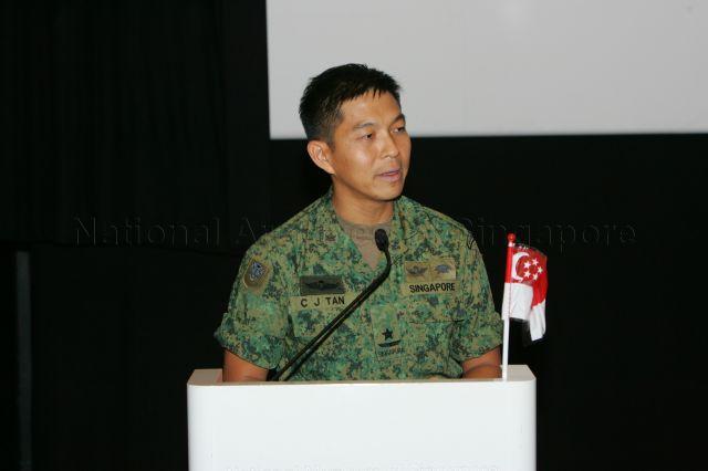 Chairman of National Day Parade executive committee Brigadier-General Tan Chuan-Jin speaking during National Heritage Board's National Day observance ceremony at National Museum of Singapore