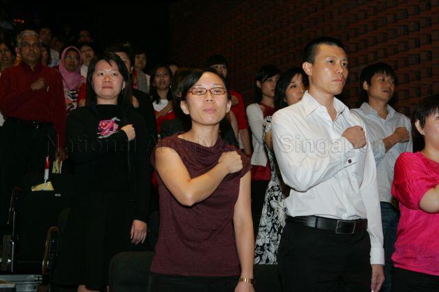 Staff of National Heritage Board (NHB) reciting the pledge during National Day observance ceremony at National Museum of Singapore