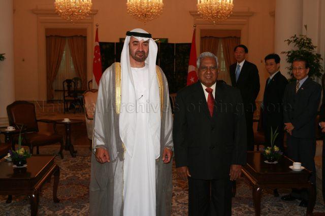 Taken at: Call on President S R Nathan by Crown Prince of Abu Dhabi and Deputy Supreme Commander of the United Arab Emirates (UAE) Armed Forces Sheikh Mohammed bin Zayed Al-Nahyan at the Istana during his official visit to Singapore from 11-12 August 2009 Pictured: President S R Nathan, Crown Prince of Abu Dhabi and Deputy Supreme Commander of the United Arab Emirates (UAE) Armed Forces Sheikh Mohammed bin Zayed Al-Nahyan, Deputy Prime Minister and Minister for Defence Teo Chee Hean, Minister of State for Ministry of Trade and Industry, and Ministry of Manpower Lee Yi Shyan and and Singapore's Ambassador to the UAE Tee Tua Ba