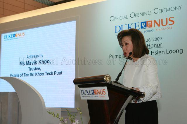Mavis Khoo, trustee of the estate of Tan Sri Khoo Teck Puat, speaking during the official opening of Duke-National University of Singapore (NUS) Graduate Medical School and its new campus, the Khoo Teck Puat Building, at 8 College Road