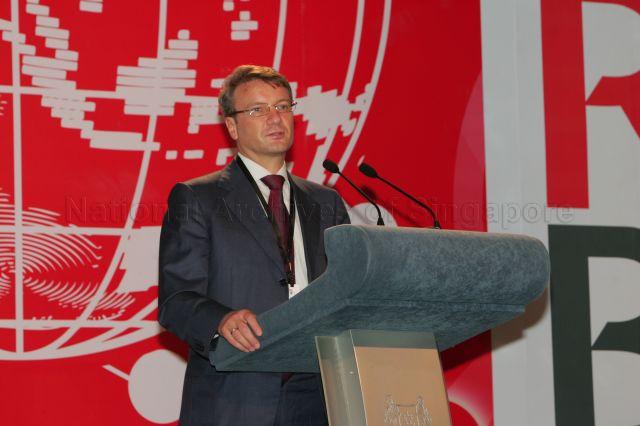 Chief Executive Officer of Sberbank Herman Gref, who is former Russian Economic Development and Trade Minister, speaking at fourth Russia-Singapore Business Forum, themed “Emerging from Turbulence: New Economic Opportunities”, held at conference room in Shangri-La Hotel