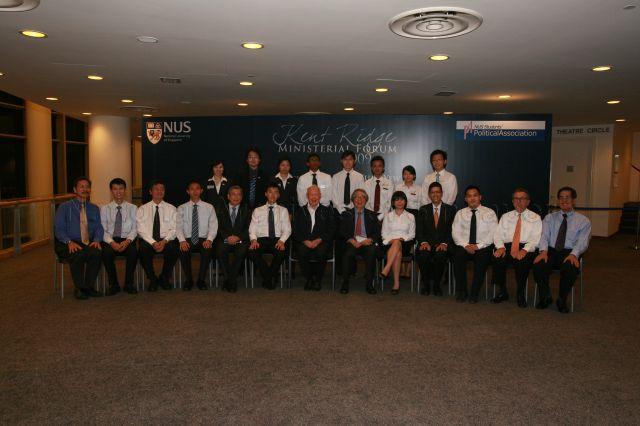 Group photograph of Minister Mentor Lee Kuan Yew with students and academics during Kent Ridge Ministerial Forum on the topic "What will the next 50 years have in store for Singapore?" held at University Cultural Centre Hall, National University of Singapore (NUS), organised by NUS Students' Political Association. Also in the picture are NUS President Professor Tan Chorh Chuan, Ambassador-At-Large Professor Tommy Koh and Chairman of NUS Board of Trustees Wong Ngit Liong.
