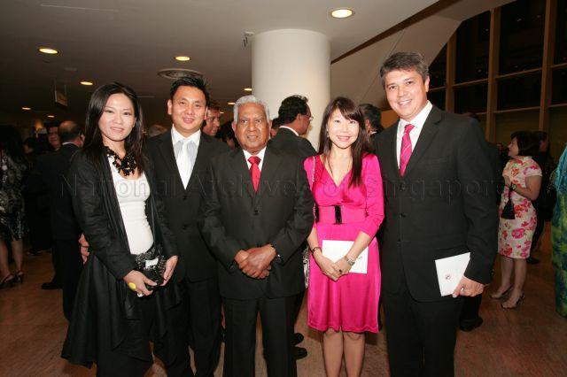 Group photograph of S R Nathan with guests at the reception during investiture of 2009 National Day awards at University Cultural Centre, National University of Singapore in Kent Ridge. On the right are Member of Parliament for Pasir Ris-Punggol Group Representation Constituency (GRC) Michael Palmer and Mrs Diane Palmer.