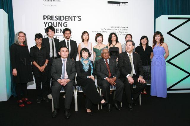Taken at: President's Young Talents (PYT) Awards Gala 2009 at the Glass Hall in Singapore Art Museum<br />Pictured: Guest-of-Honour President S R Nathan, Managing Director and Vice Chairman for Credit Suisse Asia Pacific Lito Camacho, Chair of the Singapore Art Museum (SAM) Jane Ittogi, Director of the SAM Tan Boon Hui, Assistant Director (Programmes) and Curator of the Singapore Art Museum Tan Siuli, nominees of PYT Award Twardzik Ching Chor Leng and Felicia Low, Winner of People's Choice Award Donna Ong with Winner of PYT Credit Suisse Artist Residency award, Joshua Yang, Justin Loke and Fiona Koh from Vertical Submarine