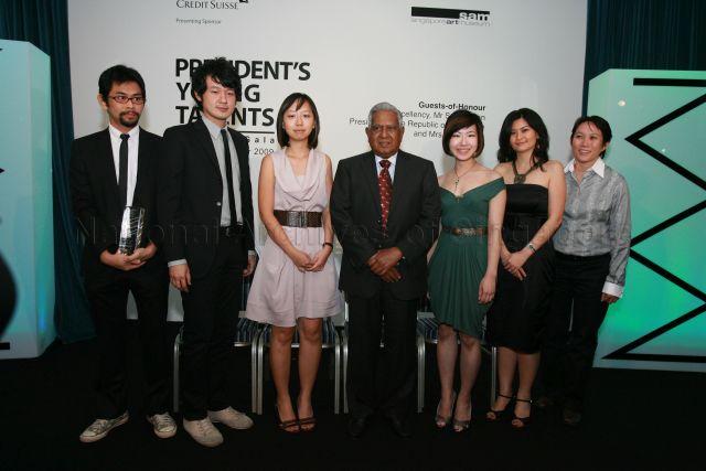 Taken at: President's Young Talents (PYT) Awards Gala 2009 at the Glass Hall in Singapore Art Museum<br />Pictured: Guest-of-Honour President S R Nathan, nominees of PYT Award Twardzik Ching Chor Leng and Felicia Low, Winner of People's Choice Award Donna Ong with Winner of PYT Credit Suisse Artist Residency award, Joshua Yang, Justin Loke and Fiona Koh from Vertical Submarine