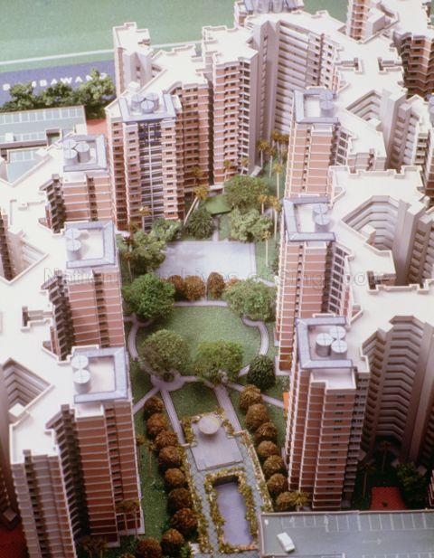 Model of Akitek Tenggaraâ€™s submission for Sembawang Housing Development Board Housing Design and Build Competition (Unbuilt) - A Proposal for 2056 apartments for HDB which explores a cruciform morphology with high plot ratio potential
