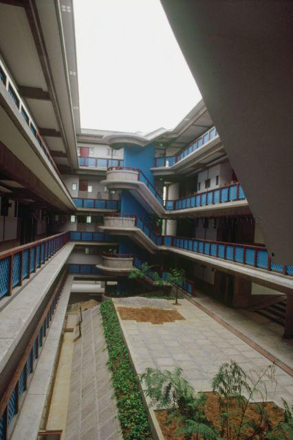 Interior view of Nanyang Technological University Hall of Residence V - a project by Akitek Tenggara presenting a modern interpretation of traditional ways of responding to the tropical climate.