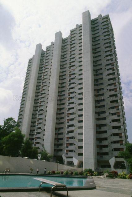Exterior view of Grange Heights - private apartments developed in 1976 by Hong Leong Holdings Limited at Grange Road.
