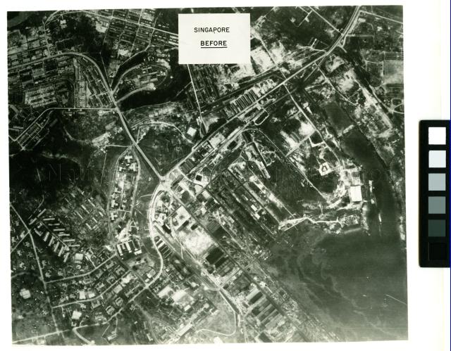 Aerial photograph of the American bombing of Singapore during the Japanese Occupation, taken by the 40th Bomb Group Association before the bombing.