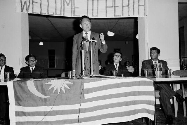 PM Lee Kuan Yew, accompanied by Mrs Lee, on a three day visit to Perth, Australia. The Western Australian trip comes at the end of a visit to New Zealand and the eastern states of Australia. This picture shows PM Lee giving a talk at a reception by the Malaysian Students' Association (MSA) at the Refectory at the University of Western Australia. From left are Inche Ghazali bin Ismail, Political Secretary to the Malaysian Ministry of Culture; PM Lee; MSA President, Sim Hong Boon; and MSA Secretary, Indran Paramasivan