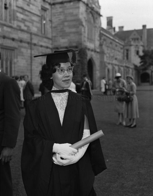 Margaret Cheng Shao Yong, daughter of Madame Homer Cheng of Singapore. Miss Cheng received the degree of Bachelor of Arts from the University of Sydney.  Miss Margaret Cheng Shao Yong, who is an accomplished musician, will further her studies in education