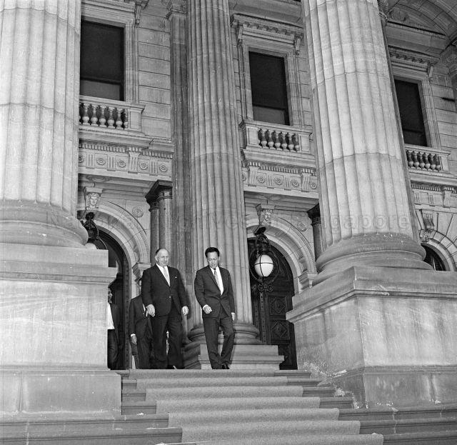 PM Lee Kuan Yew visits Melbourne, Australia. In this picture, PM Lee leaves Parliament House in Melbourne with Premier of Victoria, Sir H E Bolte