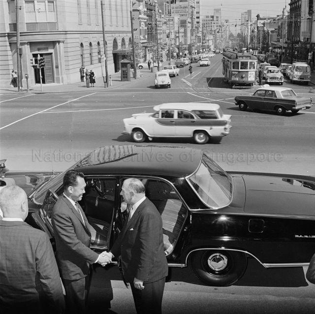 PM Lee Kuan Yew visits Melbourne, Australia. PM Lee shaking hands with Premier of Victoria, Sir H E Bolte