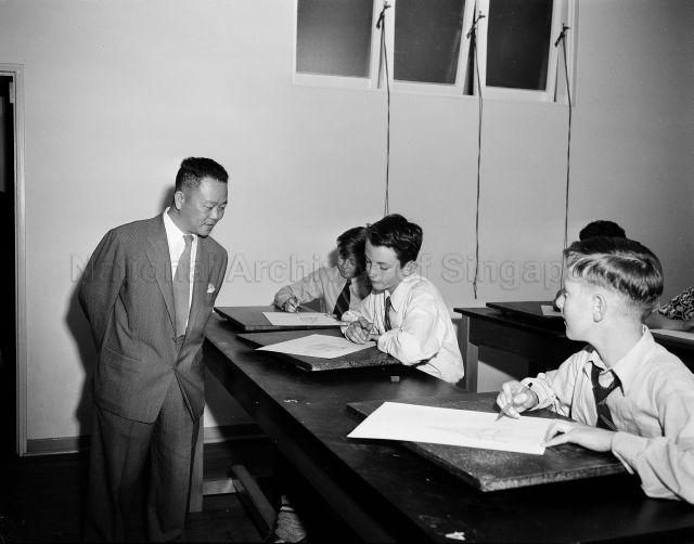 Singapore's Education Minister, Mr Chew Swee Kee inspecting some metal work equipment at Sydney Boys Technical High School, an academically selective boys' high school located at Bexley, New South Wales.