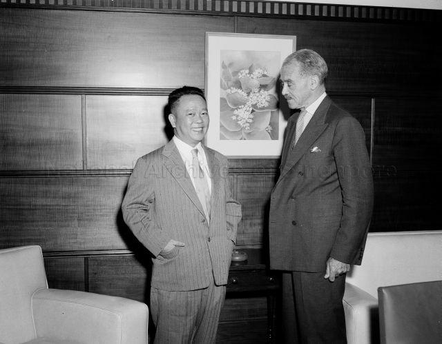 Singapore's Minister for Education, Mr Chew Swee Kee, spent four days in Australia on his way home from the Colombo Plan Conference in Wellington, New Zealand. Here, Mr Chew is with the Australian Minister for External Affairs, Mr Richard Casey in Canberra
