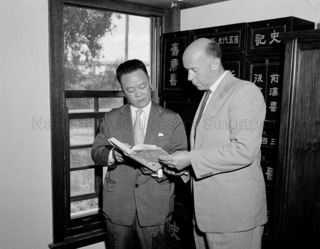 Singapore's Minister for Education, Mr Chew Swee Kee spent four days in Australia on his way home from the Colombo Plan Conference in Wellington, New Zealand. In this picture, Mr Chew is with Professor C P Fitzgerald, Professor of Far Eastern History at the Australian National University, Canberra