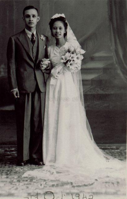 Wedding photo of Aloysius Fernandez and Edna May Scully in 1942, during the Japanese Occupation. They were neighbours along Martia Road.
