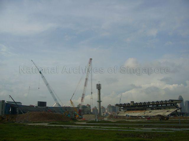 Demolition of the National Stadium in progress. Photo shows the grandstand and one spectator seating section yet to be demolished.The National Stadium was officially closed on 30 June 2007 and the demolition process was started on 29 September 2010 to make way for the new Singapore Sports Hub.
