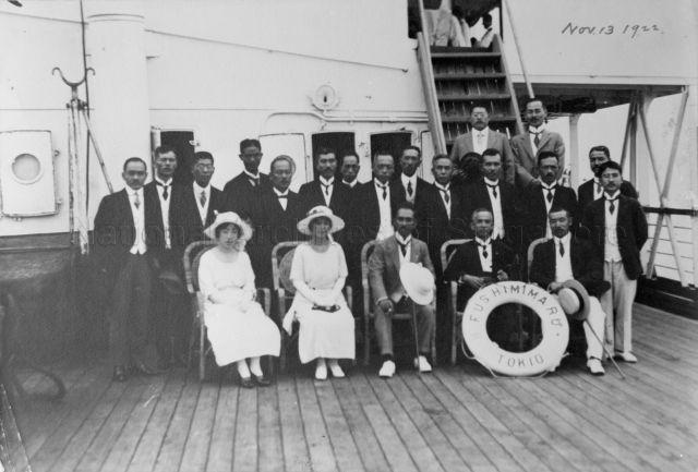 Japanese Prince Asaka Yasuhiko (centre, front) on board the "Fushimi Maru".