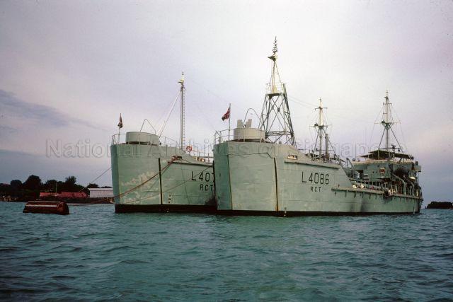 Two Landing Ship Logistic (LSL) vessels belonging to British Army's Royal Corps of Transport at their base in Pulau Brani. They were handed over to Singapore Maritime Command subsequently, bearing the names LCT Cairnhill and LCT Tanglin.