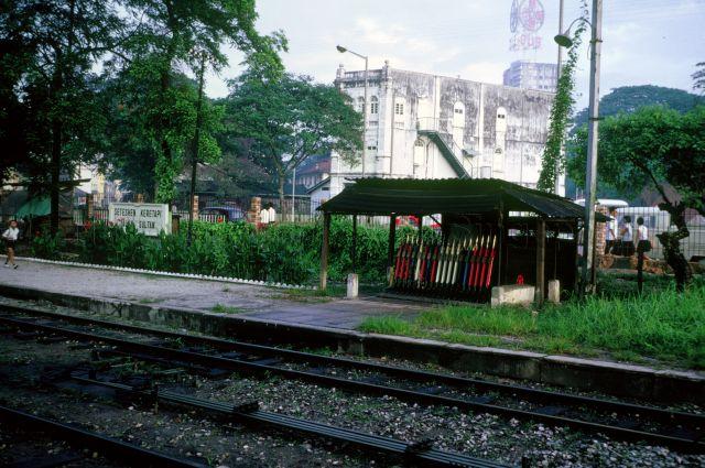 View of train track switch levers at Keretapi Tanah Melayu (KTM) Sultan Street train station in Kuala Lumpur