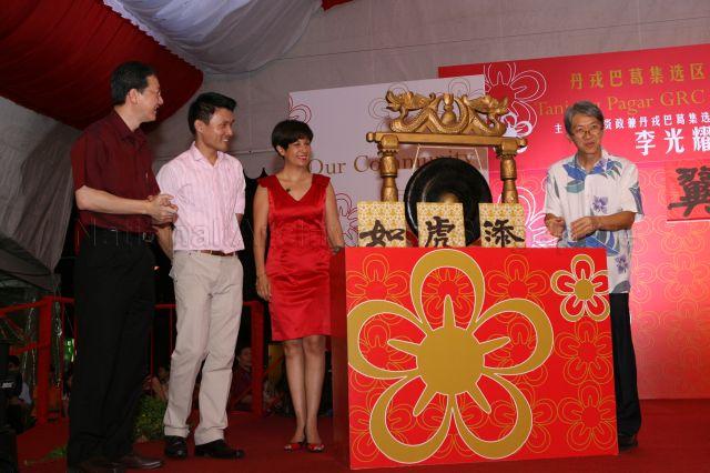 Members of Parliament for Tanjong Pagar Group Representation Constituency (GRC) Sam Tan Chin Siong (left), Baey Yam Keng, Ms Indranee Rajah and Associate Professor Koo Tsai Kee at Lunar New Year celebration dinner held at Block 46-2 Commonwealth Drive