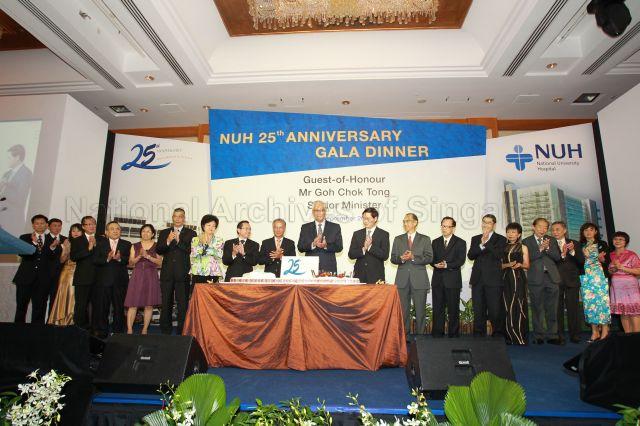 Taken at: National University Hospital (NUH)'s 25th Anniversary Gala Dinner at Shangri-La Hotel Pictured: Guest-of-Honour Senior Minister Goh Chok Tong, Chairman of National University Health System Lim Yong Wah, Chief Executive Officer of NUH Dr Joe Sim, Permanent Secretary for Health Yong Ying-I, Chairman of NUH Medical Board Prof Aymeric Lim, Chief Executive of National University Health System Dr Benjamin Ong and Deputy Chief Executive of National University Health System Prof John Wong