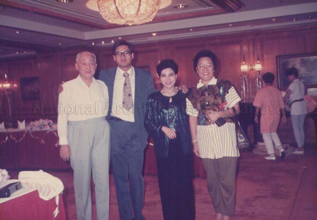 Mr and Mrs Wong Kwok Leong, major shareholders of Hong Kong Fortuna Hotel in a photograph with actor Chow Yun-Fat (second from left) and actress Luo Lan (second from right) when they were shooting a film on location at the hotel