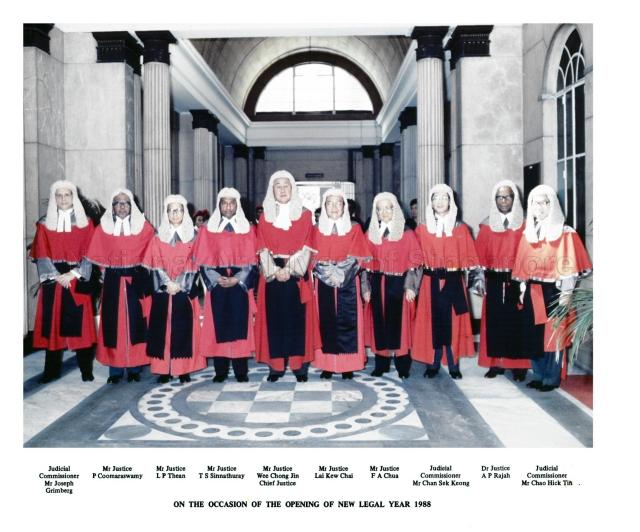 Group photograph of Supreme Court judges taken during opening of legal year. The Chief Justice Wee Chong Jin (fifth from left), flanked by from left, Judicial Commissioner Joseph Grimberg, Justice P Coomaraswamy, Justice L P Thean, Justice T S Sinnathuray, Justice Lai Kew Chai, Justice F A Chua, Judicial Commissioner Chan Sek Keong, Justice Dr A P Rajah and Judicial Commissioner Chao Hick Tin.