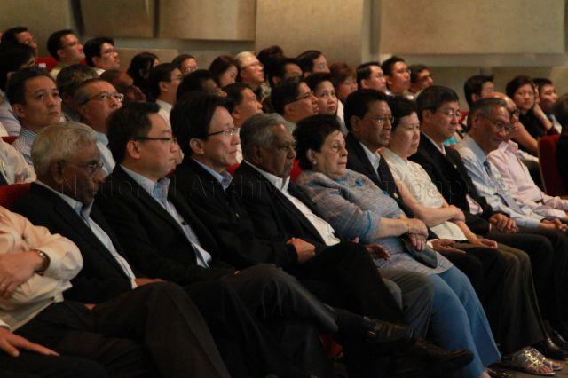 (From left) Chairman of Temasek Holdings S Dhanabalan, Minister for Manpower Gan Kim Yong, Minister (Prime Minister's Office) and Secretary-General of National Trades Union Congress (NTUC) Lim Swee Say, President and Mrs S R Nathan, NTUC President John De Payva, Executive Director and Chief Executive Office of Temasek Holdings Madam Ho Ching, Minister (Prime Minister's Office) Lim Boon Heng and Chairman of Singbridge International Lim Chee Onn at the launch of Mr Nathan's book "Winning Against the Odds - The Labour Research Unit in NTUC's Founding" held at NTUC Centre auditorium