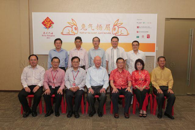 Group photograph of Minister Mentor Lee Kuan Yew and organising committee members of River Hongbao 2011 during Chinese New Year dinner following opening of River Hongbao carnival held at The Float@Marina Bay. Also in the picture are Minister for Manpower Gan Kim Yong (seated, third from right), Members of Parliament (seated from left) Liang Eng Hwa, Seah Kian Peng, Seng Han Thong and Dr Lily Neo.