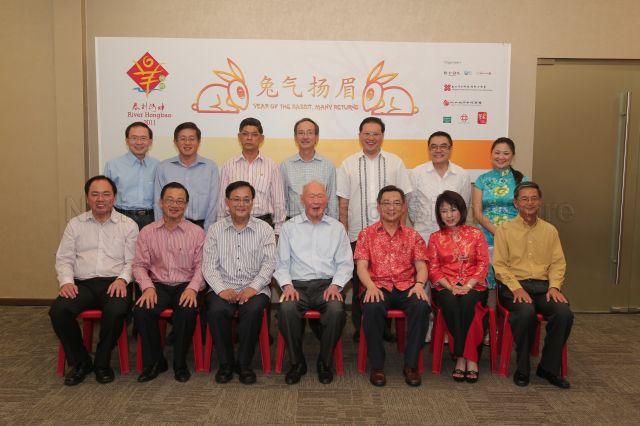 Group photograph of Minister Mentor Lee Kuan Yew and organising committee members of River Hongbao 2011 during Chinese New Year dinner following opening of River Hongbao carnival held at The Float@Marina Bay. Also in the picture are Minister for Manpower Gan Kim Yong (seated, third from right), Members of Parliament (seated from left) Liang Eng Hwa, Seah Kian Peng, Seng Han Thong and Dr Lily Neo.