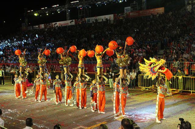 Performance by cheerleading team from Taiwan's Shih Hsin University at opening night of Chingay parade 2011 held at F1 Pit Building, Marina Bay. The event was attended by Prime Minister Lee Hsien Loong.
