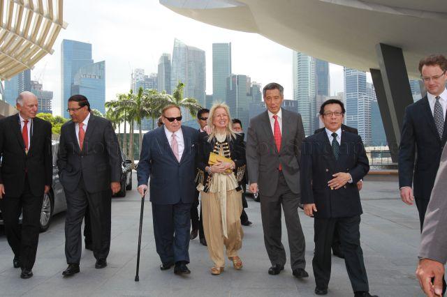 (From right) Chief Executive Officer of Marina Bay Sands (MBS) George Tanasijevich, Minister for National Development Mah Bow Tan, Prime Minister Lee Hsien Loong, Mrs Miriam Adelson, MBS Chairman Sheldon Adelson, Senior Minister of State for Education and Trade and Industry S Iswaran and President and Chief Operating Officer of Las Vegas Sands Michael Leven attending grand opening of MBS