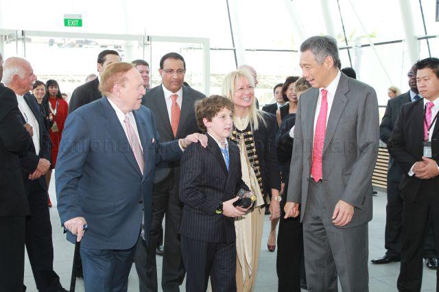 Taken at: Grand Opening of Marina Bay Sands at Marina Bay Sands Event Plaza outside ArtScience Museum Pictured: Prime Minister Lee Hsien Loong, Chairman of Marina Bay Sands Sheldon Adelson and his wife Madam Miriam Adelson, and Senior Minister of State for Ministry of Education and Ministry of Trade and Industry S. Iswaran