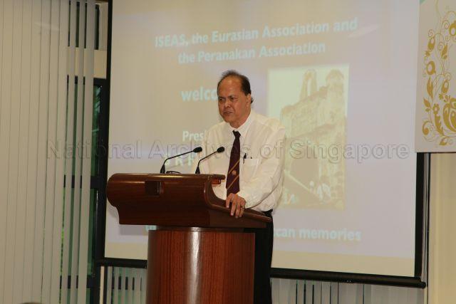 President of Eurasian Association of Singapore William Jansen speaking at launch of Mr Joseph Francis Conceicao's books held at Institute of Southeast Asian Studies (ISEAS) seminar room II. The launch was organised by ISEAS in partnership with Eurasian Association of Singapore and Peranakan Association of Singapore.