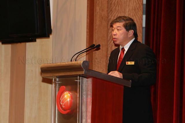 President of Singapore Chinese Chamber of Commerce and Industry (SCCCI) Teo Siong Seng speaking at installation ceremony of the chamber's 56th Council held at SCCCI auditorium in Hill Street