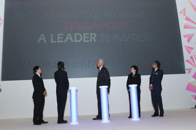 (From left) Director-General of Civil Aviation Authority of Singapore (CAAS) Yap Ong Heng, Minister for Transport and Second Minister for Foreign Affairs Raymond Lim Siang Keat, Guest-of-Honour Senior Minister Goh Chok Tong, Minister in the Prime Minister's Office and Second Minister for Finance and Transport Lim Hwee Hua and Chief of Staff (Air Staff) of Republic of Singapore Air Force Brigadier-General Wong Huat Sern at launch of Singapore Aviation Centennial Celebrations (SACC) during Aviation Centennial Evening (ACE) dinner at Compass Ballroom East, Resorts World Sentosa