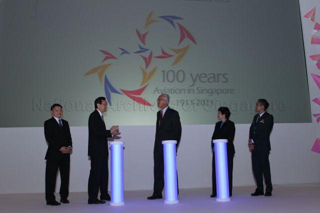 (From left) Director-General of Civil Aviation Authority of Singapore (CAAS) Yap Ong Heng, Minister for Transport and Second Minister for Foreign Affairs Raymond Lim Siang Keat, Guest-of-Honour Senior Minister Goh Chok Tong, Minister in the Prime Minister's Office and Second Minister for Finance and Transport Lim Hwee Hua and Chief of Staff (Air Staff) of Republic of Singapore Air Force Brigadier-General Wong Huat Sern at launch of Singapore Aviation Centennial Celebrations (SACC) during Aviation Centennial Evening (ACE) dinner at Compass Ballroom East, Resorts World Sentosa