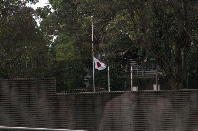 Japanese flag flying at half-mast at Embassy of Japan in Singapore to observe national mourning after the Tohoku-Pacific Ocean earthquake and tsunami on March 11